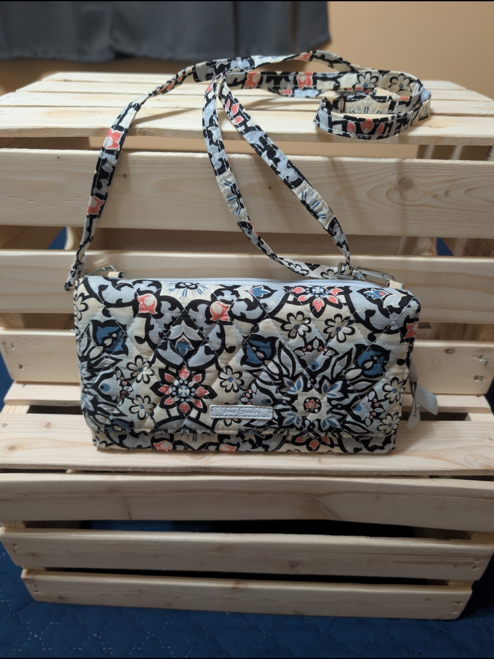 Vera Bradley Quilted Floral Crossbody in Cream, Black, Blue & Coral